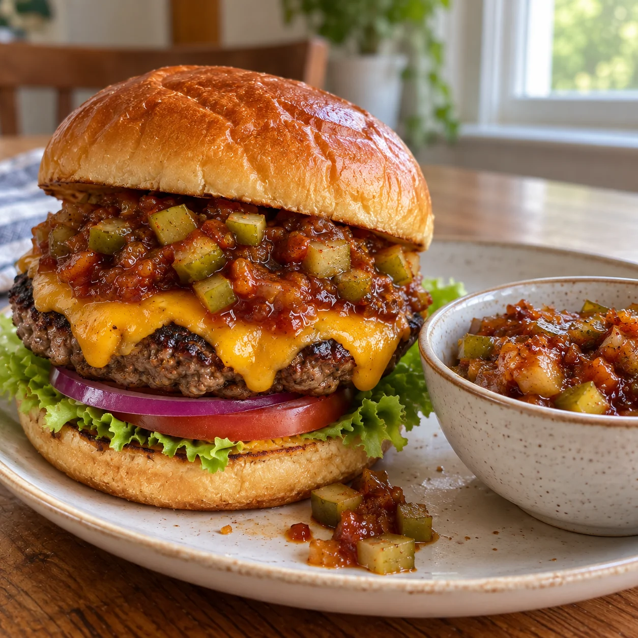 Ev mutfağında hazırlanmış turşu parçalı BBQ Burger Relish ile cheeseburger ve sos kasesi