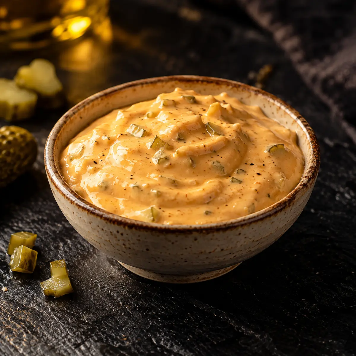 Kornişonlu, kremalı burger sosu; burger ve patates kızartması yanında