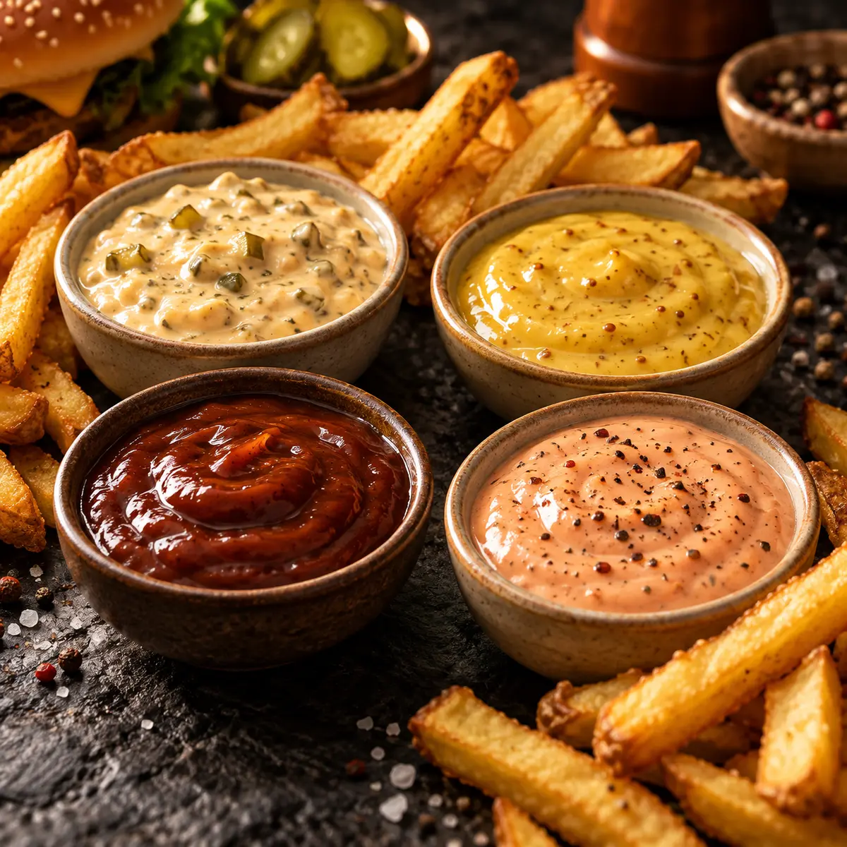 Dört çeşit ev yapımı burger ve tavuk dip sosu