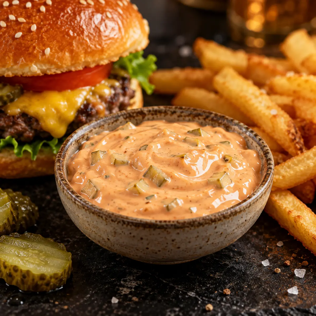 Kornişonlu pembe burger sosu; burger ve patates kızartmasıyla