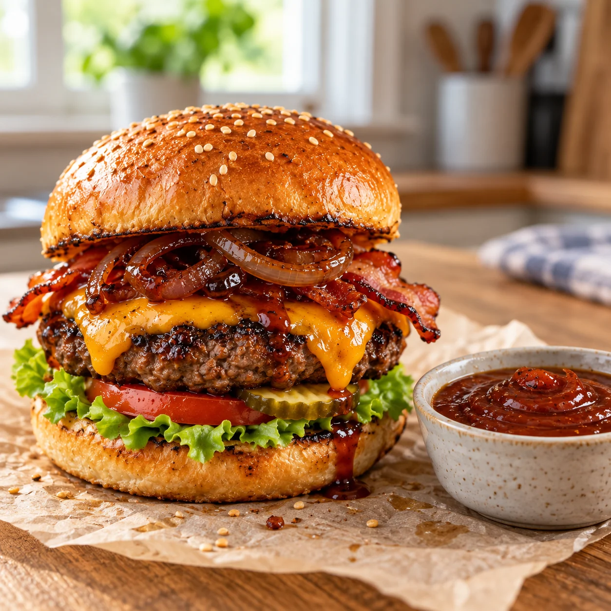 Ev mutfağında hazırlanmış Smoky BBQ burger soslu cheeseburger ve sos kasesi