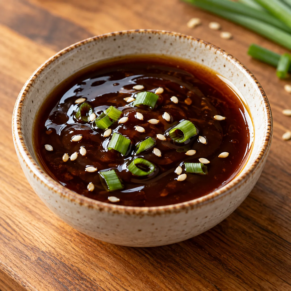 Seramik kasede parlak koyu renkli teriyaki sosu, temsili tarif görseli
